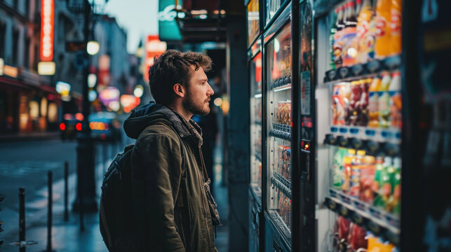 Man buying food from automatic vending machine. Male selects an item from street vending machine late at night.