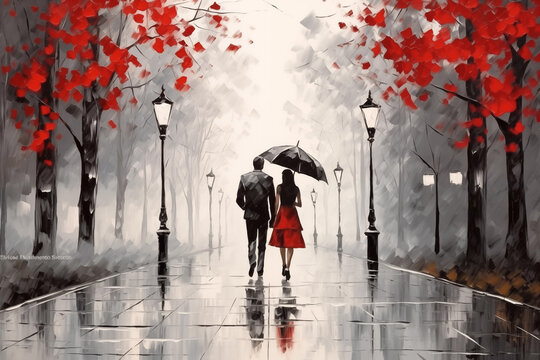 Fototapeta Couple Walking with Umbrella in Autumn Park Oil Painting. Romantic Walk Under Red Leaves on Rainy Day Canvas Art