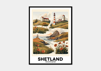 Shetland, Scotland. Vintage Travel Posters. Vector art. Famous Tourist Destinations Posters Art Prints Wall Art and Print Set Abstract Travel for Hikers Campers Living Room Decor