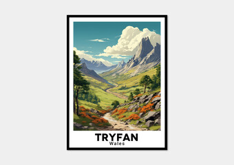 Tryfan, Wales. Vintage Travel Posters. Vector art. Famous Tourist Destinations Posters Art Prints Wall Art and Print Set Abstract Travel for Hikers Campers Living Room Decor