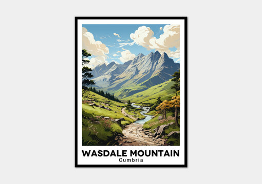 Wasdale Mountain, Cumbria. Vintage Travel Posters. Vector art. Famous Tourist Destinations Posters Art Prints Wall Art and Print Set Abstract Travel for Hikers Campers Living Room Decor