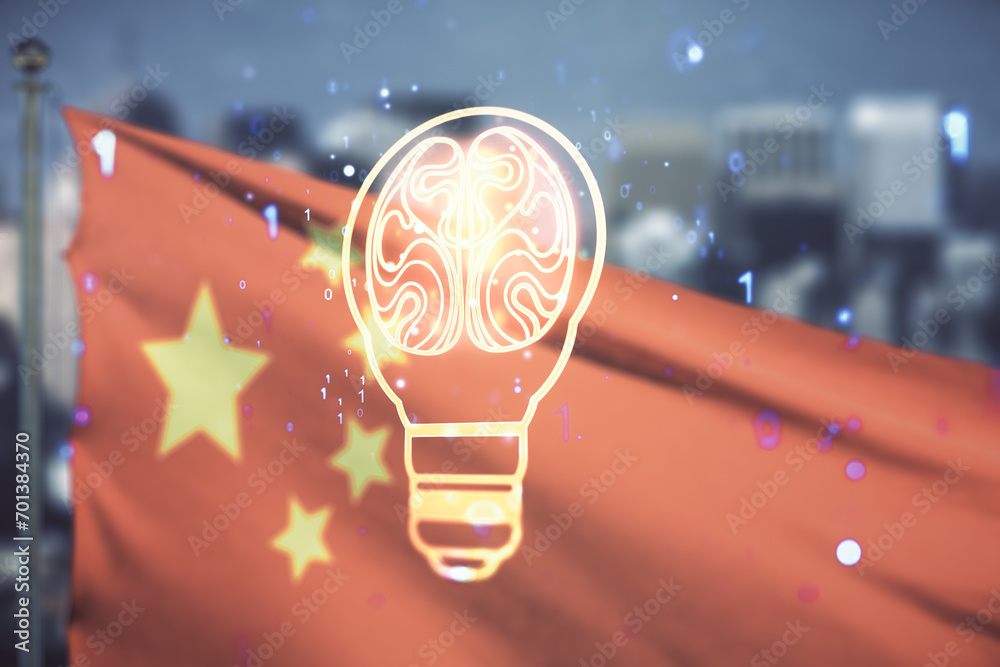 Aufkleber abstract virtual idea concept with light bulb and human brain illustration on chinese flag and city 