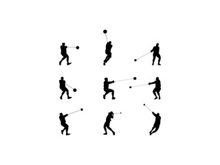 Set of Hammer Throw Silhouette in various poses isolated on white background