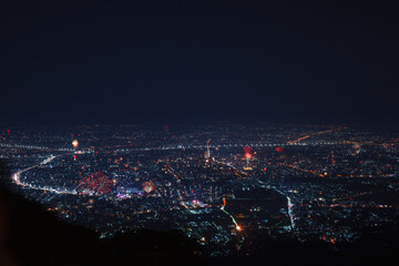 Beautiful fireworks Happy New Year at Chiangmai City Thailand. 