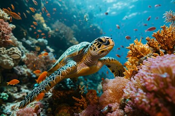 Naklejka na ściany i meble Sea turtle in coral reef swim to water surface. Marine Tortoise portrait