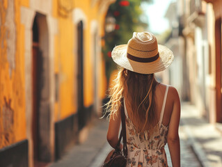 Younge female traveler on the streets of Mexico discovering historic center and landmarks
