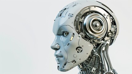 "3D rendered robot head with digital brain, powered by AI, on white background."