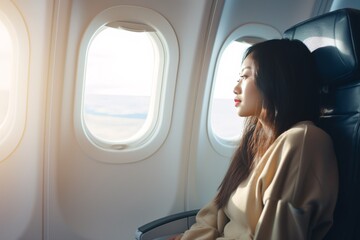 An Asian lady seated on an airplane gazing out the window, representing the idea of a holiday journey.