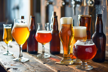 Craft beer collection, a visually appealing arrangement showcasing a variety of craft beers in bottles and glasses.