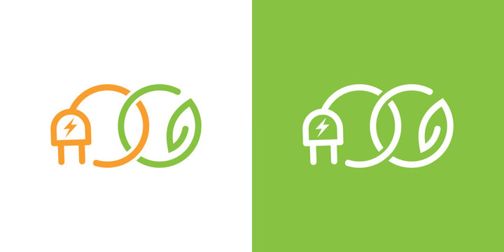 renewable infinity green plug leaf icon design template. Illustration of electric power energy charge button symbol with green leaf and plug.