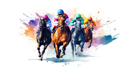 Three racing horses competing with each other. Hippodrome. Racetrack. Equestrian, A painting of horses with jockeys on them with one wearing sports game, Generative AI - obrazy, fototapety, plakaty