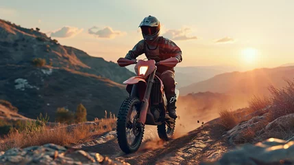 Poster Im Rahmen A male expert biker in complete motorcycle gear riding a rugged enduro bike on a mountain path at dusk, with a 3D rendered backdrop, representing the idea of fast-paced motorsport as a hobby. © ckybe