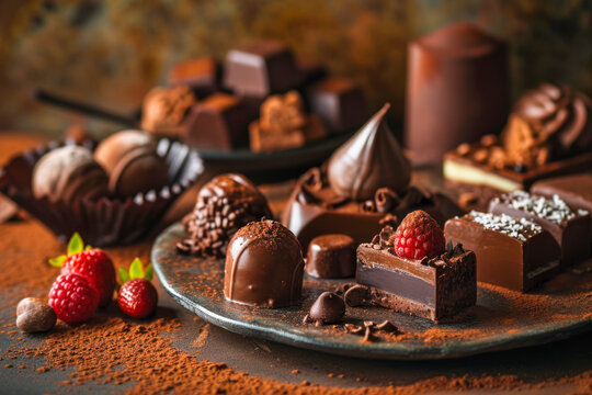 Exquisite chocolate desserts, an image featuring an array of exquisite chocolate desserts, conveying the richness and indulgence of high-quality chocolate, with copy space.