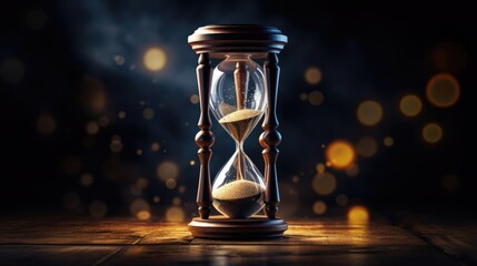 An hourglass on a dark background, measuring the passage of time. The concept of a deadline for business or lack of time.
