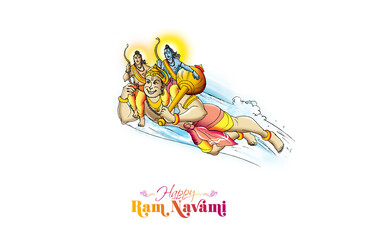 Jai Shri Ram indian hindu god. Happy Ram navami festival. Lord Hanuman helped Rama and flying in sky illustration. Mythology.