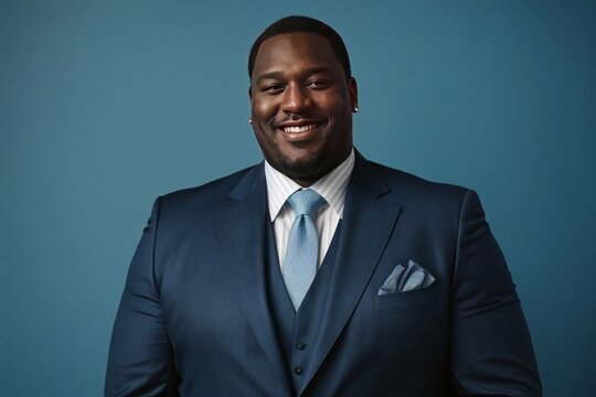A fat black businessman in a suite smiling happily