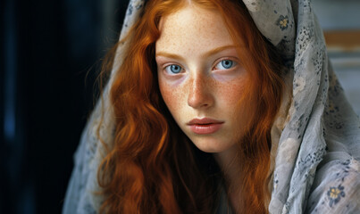 Pensive Red-Haired Young Woman with Freckles Wearing a Floral Scarf, Her Blue Eyes Gazing Soulfully from Shadows, Capturing Delicate Femininity and Depth