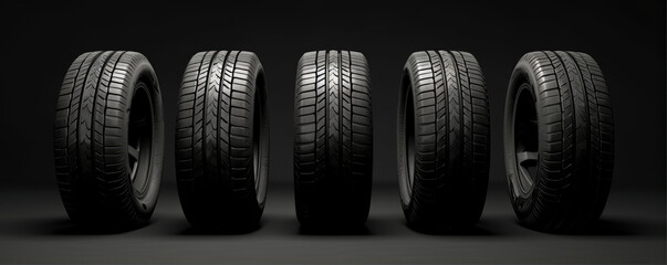 Car tire alu wheels on black background, wide banner or panorama photo.
