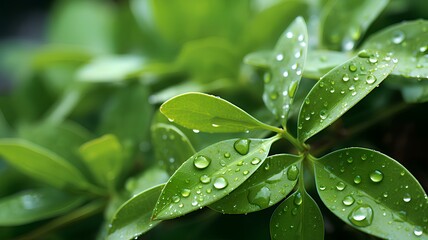 Water drops on a green leaf. Generative AI. 