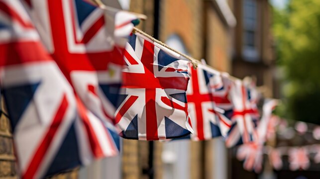 The street is adorned with Union Jack banners in preparation for a national holiday.