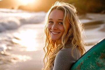 A beautiful blonde woman smiling at the beach Generative AI - obrazy, fototapety, plakaty