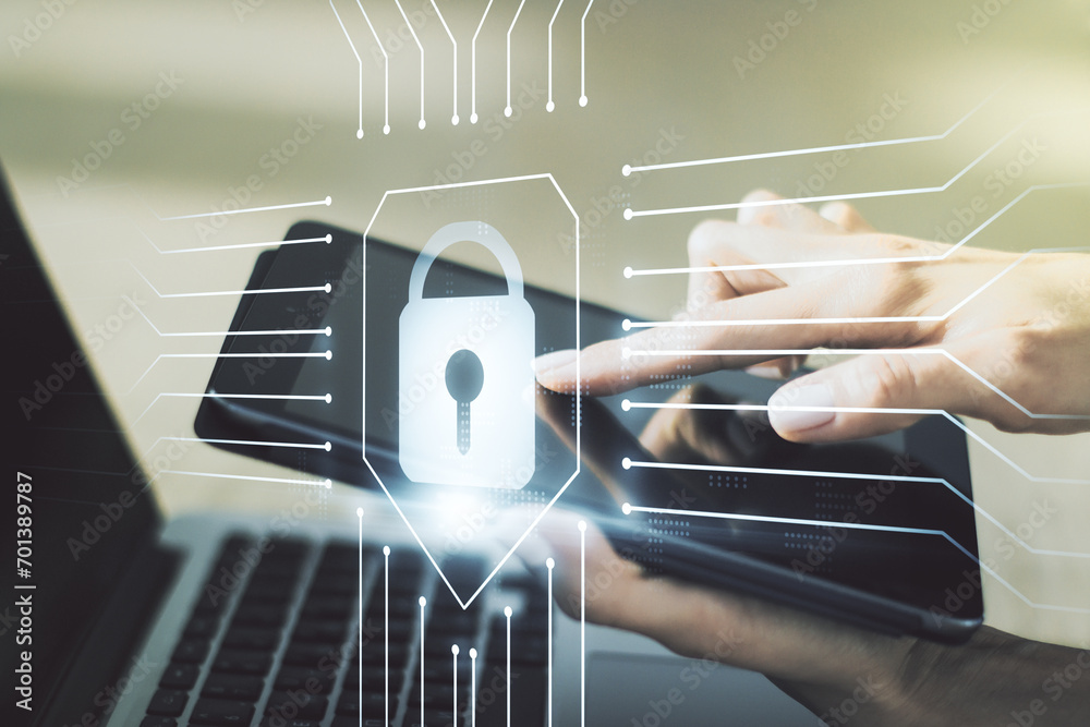 Aufkleber creative lock illustration with microcircuit and finger presses on a digital tablet on background, c