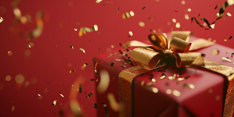 Obraz premium Red gift box with gold ribbon and bow, golden sparkles and confetti flying in air, on red background. Banner with copy-space