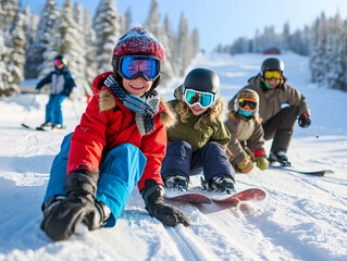 Fototapeta na wymiar Winter fun and snow activity, happy family smiling while doing winter sports