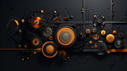 An orange and black picture with various gears, in the style of playful animation, dark, muted colors, interactive, classical balance, luminous spheres, minimalist illustrator