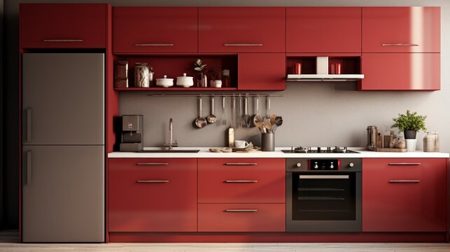 Interior of modern stylish red kitchen