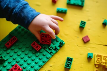 A child's hands playing with green and yellow lego blocks Generative AI