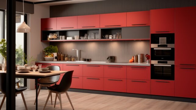 Interior of modern stylish red kitchen