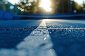 A blue tennis court with a sunny sky in the background Generative AI