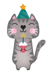 Cute happy cat in party hat with birthday cake.