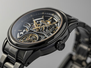 A close-up image of luxury watch. It showcases the watch against a grey background