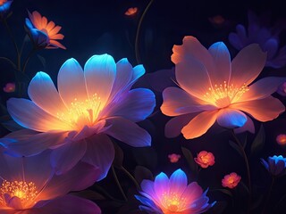 A magical illustration of glowing flowers in the dark.