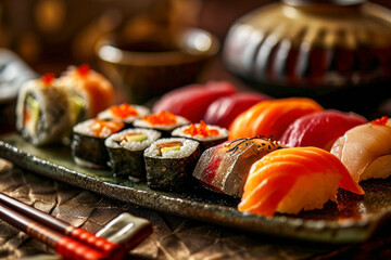 Sushi artistry, a visually stunning arrangement of expertly crafted sushi rolls and sashimi.