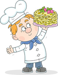 Happy cook in a chef hat holding a platter with freshly baked tasty sweet pancakes for a holiday treat in a restaurant, vector cartoon illustration isolated on a white background