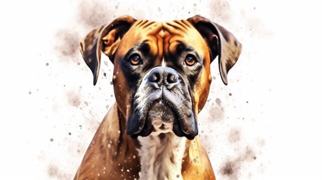 Watercolor illustration of boxer dog portrait with.Generative AI