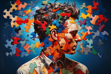 Colorful puzzle pieces emerging from the head of a man, depicting the concept of neurodiversity, autism or adhd