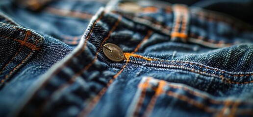 A close-up of a button on a pair of blue jeans. Generative AI - obrazy, fototapety, plakaty