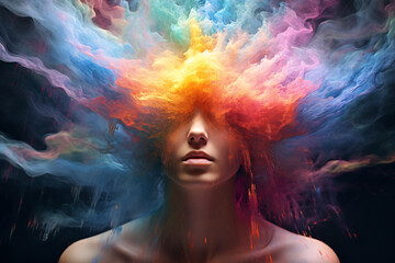 Colorful smoke emerging from the head of a woman, depicting the concept of diversity or neurodiversity