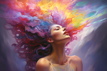 Colorful smoke emerging from the head of a woman, depicting the concept of diversity or neurodiversity