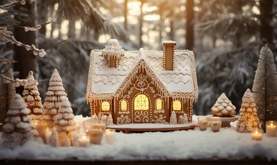 Fototapeta premium Christmas gingerbread house in winter forest. Christmas decoration. New Year concept.