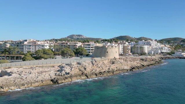 Aerial drone video of the coastal town named Moraira in the Costa Blanca, Spain