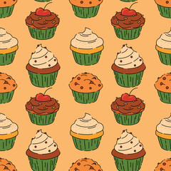 Seamless pattern with various cupcakes, doodle vector background