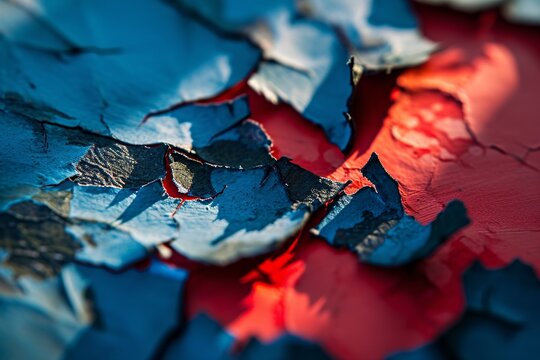 A close-up of a blue and red paint chipping off a wall Generative AI