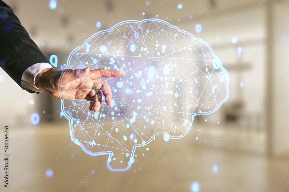 Wall mural man hand working with virtual creative artificial intelligence hologram with human brain sketch on b