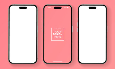 3D realistic high quality smartphone mockup with isolated background. Smart phone mockup collection. Device front view. 3D mobile phone with shadow on white background.