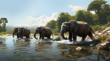 Naklejka premium Elephants in river drinking a water 
